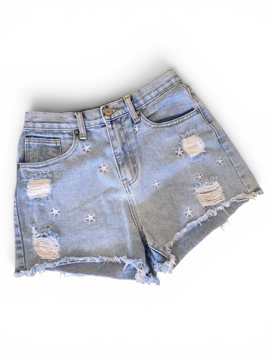 Wishlist Pants - Wish List High-Rise Star Embroidered Distressed Denim Shorts - Light Blue